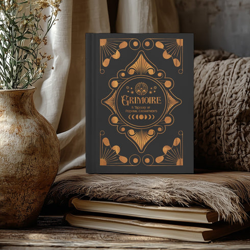 Luxurious black Grimoire with golden celestial patterns. Front reads "GRIMOIRE: A Treasury of Personal Enchantments". Back features mystical poem